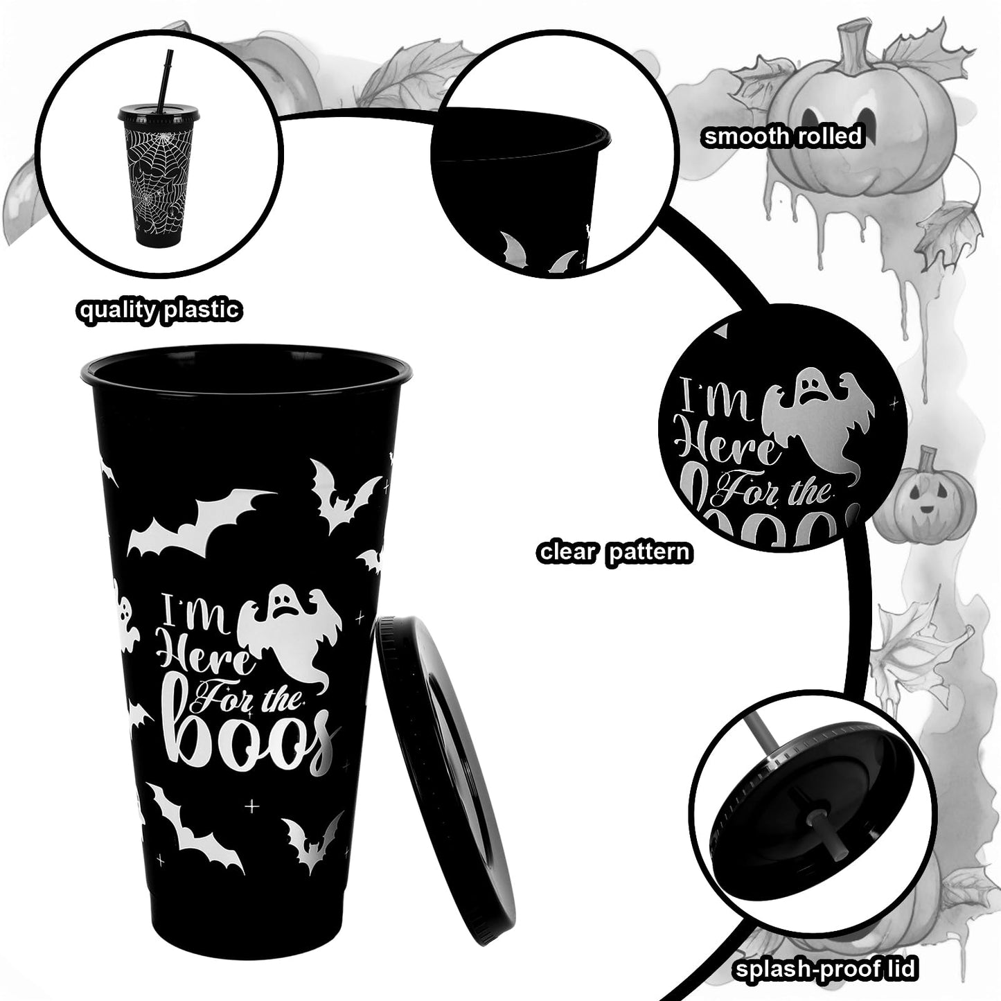 JarThenaAMCS 24Pcs Halloween Plastic Cups with Straws Lids 24oz Reusable Ghost Bat Pumpkin Spider Web Plastic Tumbler Black White Cold Cups for Halloween Home Office Party Supplies