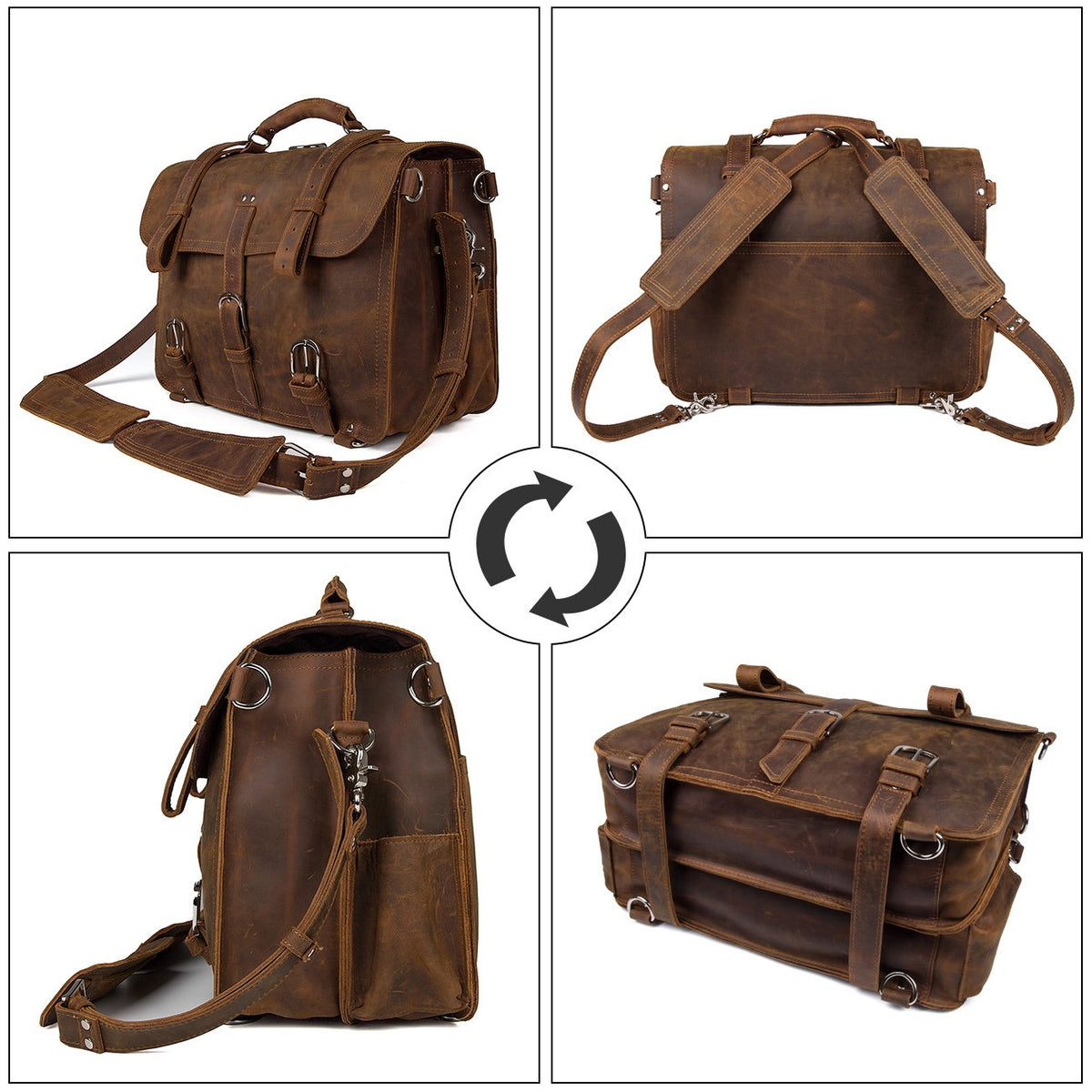 Augus Leather Messenger Bag for Men Briefcase Travel Backpack Shoulder Bag Fit 17'' Laptop