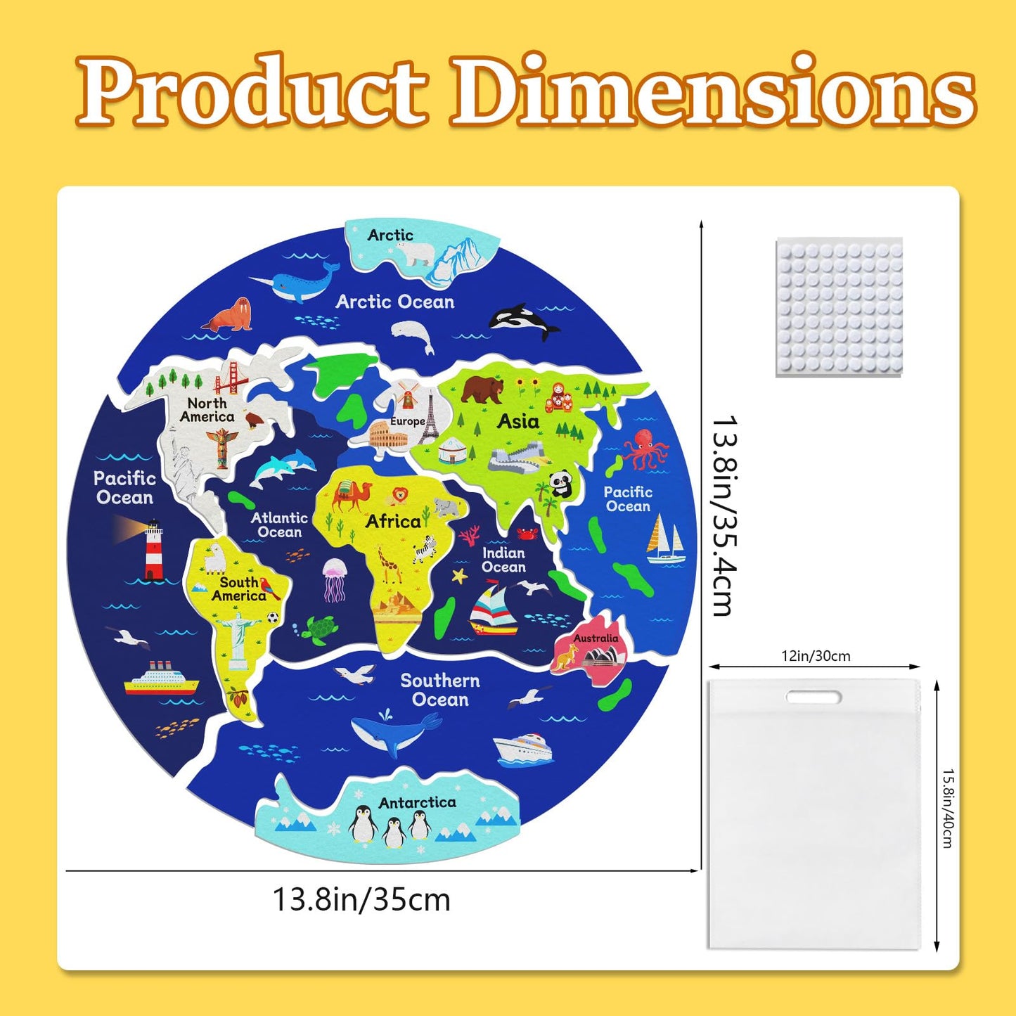 Ai fsem 15 Pcs Continents Puzzle for Kids Felt Story Board Pieces Flannel Board for The Classroom Learning Globe World Map Puzzle for Toddlers