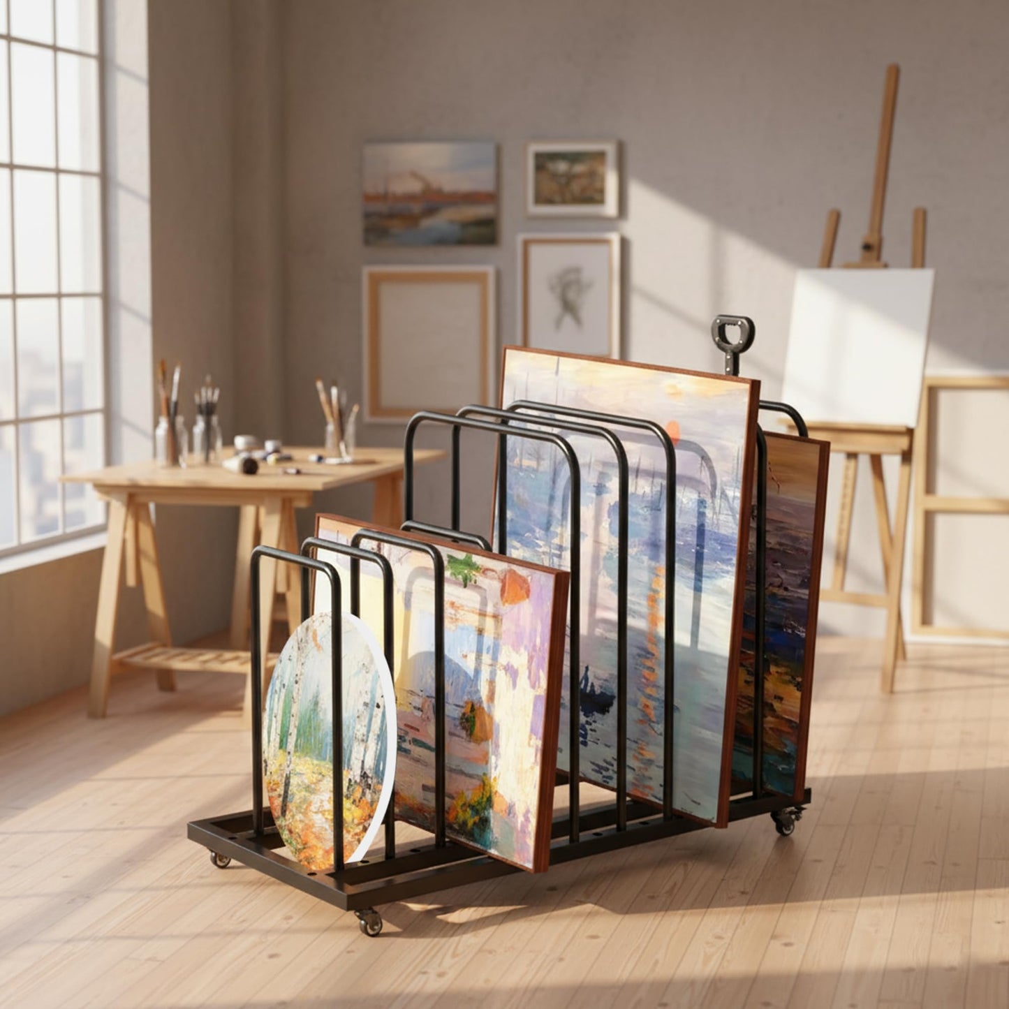 GARVIN Art Storage Rack with Caster Wheels, Art Drying Rack Metal Storage with 8 Slots and Independent Handle, Heavy-Duty Canvas Organizer for Artwork, Prints and Panels, for Art Studio, Classroom