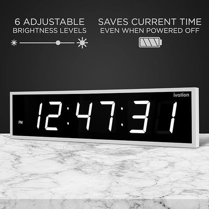 Ivation Oversized Large Digital Wall Clock - Big LED Digital Clock w/Large Display & Durable Aluminum Frame Shelf or Wall Mount (24 Inch - White) 6 Brightness Levels | Time Memory | Remote