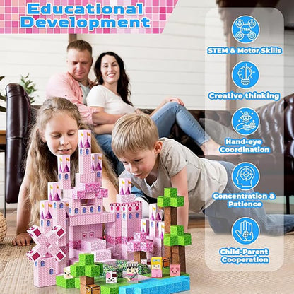 DOFASNCN Pink Magnetic Building Blocks Magnetic Building Tiles Toys for Boys Girls Age 3+，Creative Plastic Magnet Square Gift for Kids Pink Castle 100PCS