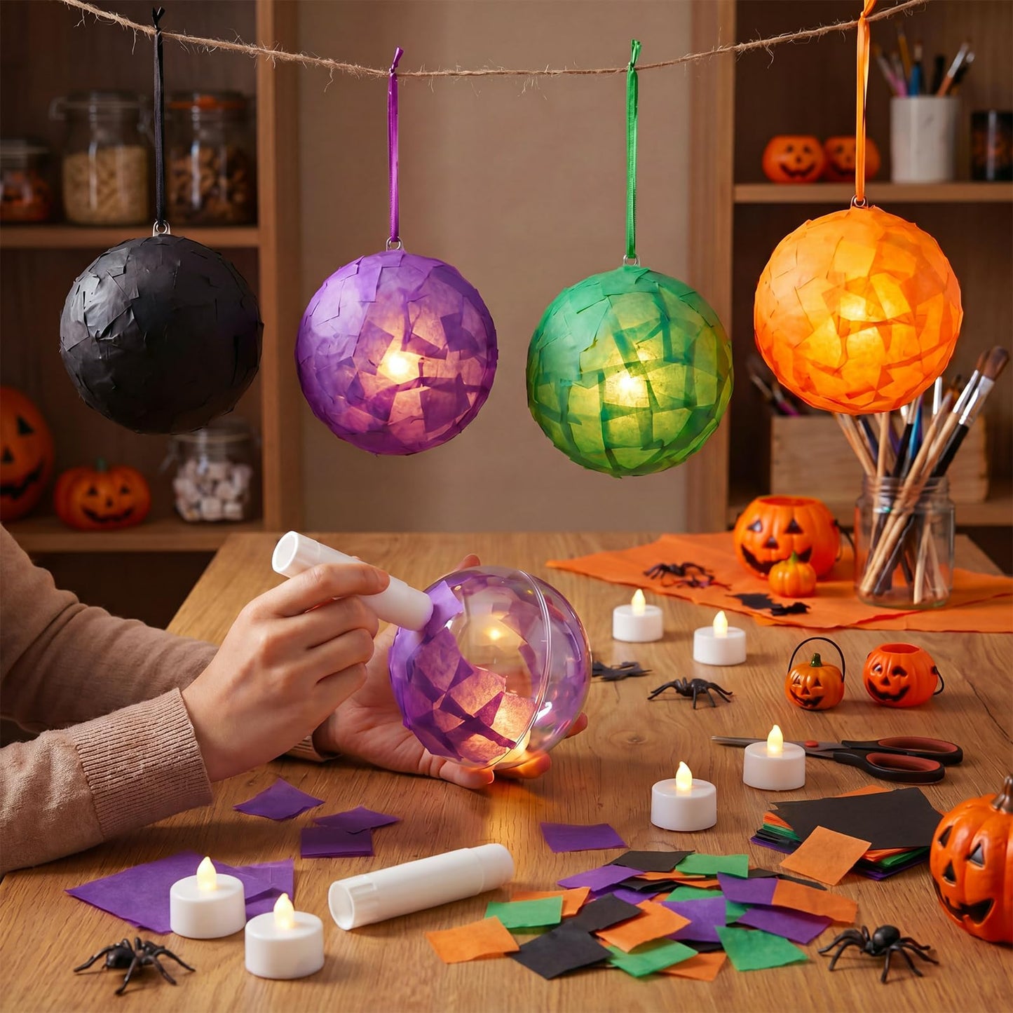 Simgoing 12 Sets Halloween Crafts with LED Candlelight DIY 3D Tissue Paper Lantern Hanging Decoration Suncatchers Lanterns Craft Kits for Halloween Party Decors Home Activity