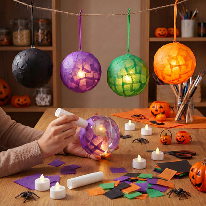 Simgoing 12 Sets Halloween Crafts with LED Candlelight DIY 3D Tissue Paper Lantern Hanging Decoration Suncatchers Lanterns Craft Kits for Halloween Party Decors Home Activity
