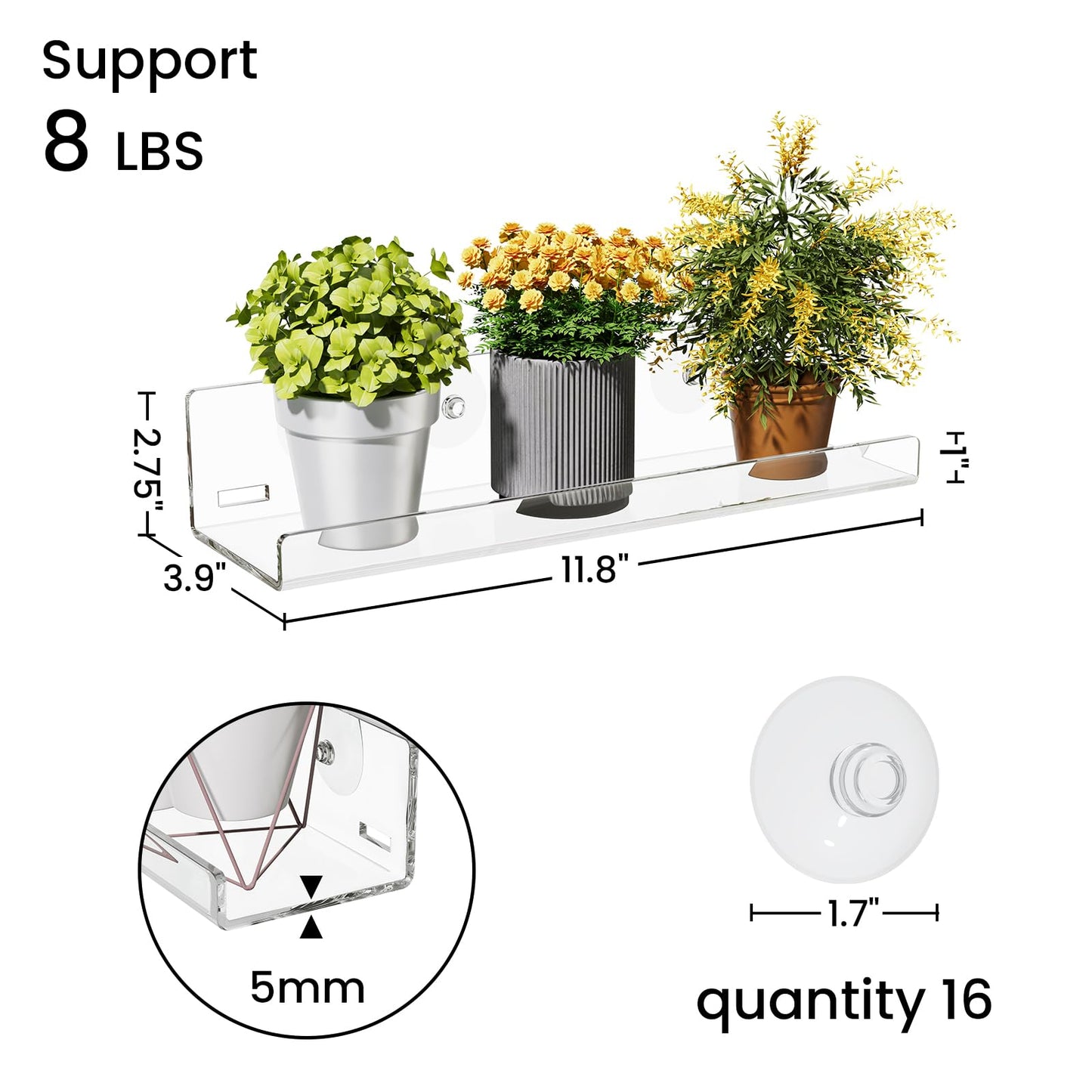 Sumerflos 2 Pack Window Shelves for Plants, Clear Acrylic Suction Cup Shelf, Window Sill Extender Floating Shelves for Indoor Plant, Flowers, Succulents, Seed Starter Pots