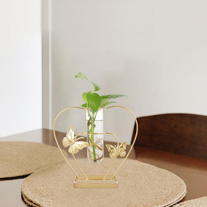 IMIKEYA Glass Plant Terrarium with Metal Frame and Heart-Shaped Insect Motif, Hydroponic Flower Holder for Home Décor, Desktop Decorative Glass Vase for Living Room and Office