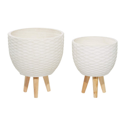Deco 79 Ceramic Geometric Indoor Outdoor Planter Diamond Patterned Large Planter Pot with Wood Tripod Legs, Set of 2 Planters 16", 14"H, White