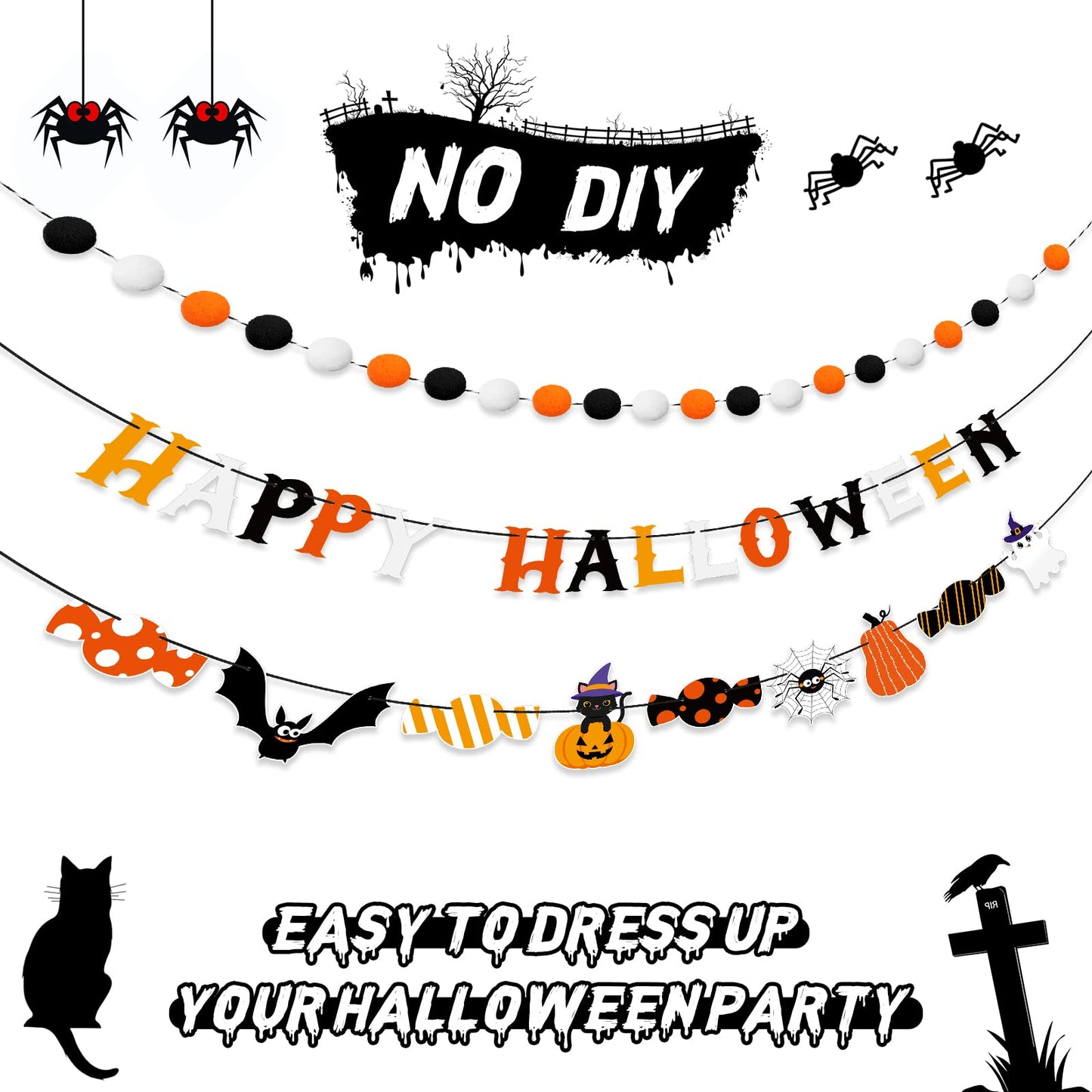 Hotop Halloween Banner Set: Pom Pom Garland, Candy Banner, Bat Decorations for Party Decor