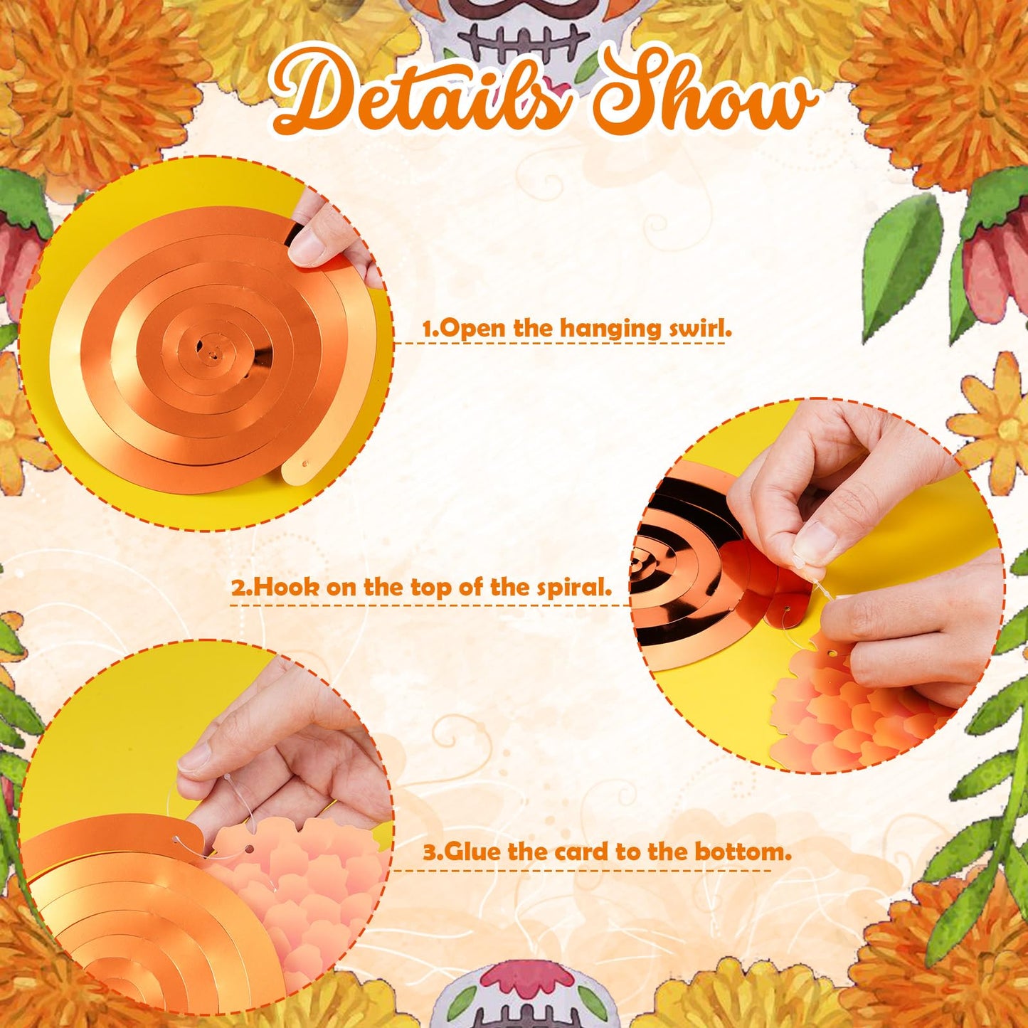 Trandraft 36 Pcs Marigold Flower Diwali Decorations Day of The Dead Dia De Los Muertos Marigold Flower Decorations Hanging Streams Swirls for Home Pooja Indian Varalakshmi Altar Ofrenda Decor
