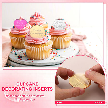 uxcell 20Pcs Acrylic Mirror Cake Toppers, Happy Anniversary Cupcake Toppers Round Shapes Laser Picks Dessert Decorations for Celebrating Party Wedding Shower, 059-Silver