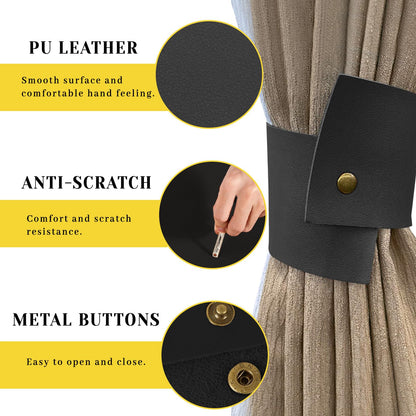 Realand 6Pcs Wide PU Leather Curtain Tiebacks, Elegant Buckle Curtain Tie Backs Decorative Curtain Holdbacks Holders for Home Outdoor Curtains and Drapes, Black
