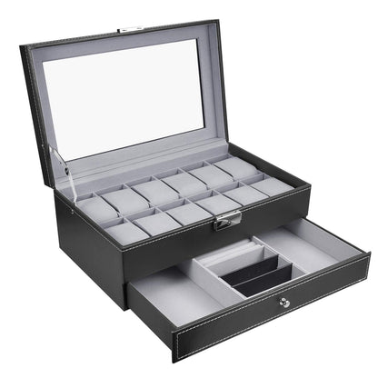 Hossejoy Leather Watch Box 12 Mens Watch Organizer with Jewelry Display Drawer Lockable Watch Case Organizer, Black