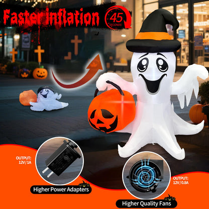【2025 Latest Release】Halloween Inflatables Ghost Outdoor Decorations 5FT Ghost Pumpkin Inflatable with Build-in 2 LED Ghost Blow Up Yard Decoration Cute Ghost Blowup Decor for Party Garden Lawn