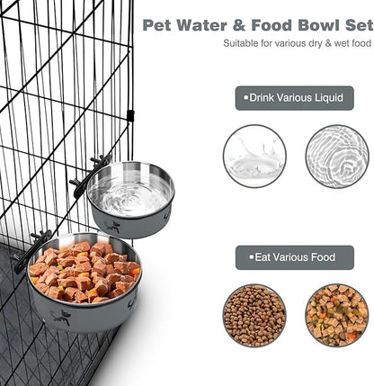 Dog Crate Bowls Hanging No Spill, Set of 2 Dog Crate Water Bowl, Kennel Bowls Mountable, Stainless Steel Pet Cage Accessories Feeder Water Food Dish Coop Cup for Cat Puppy Bunny Guinea Pig Ferret