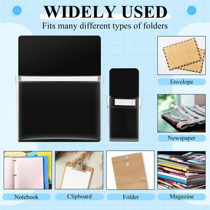 Henoyso 10 Packs Black Magnetic File Holders, Self-adhesive Magnetic File Holder for Recipe, Notes, Tools - Strong Magnet Backing for Fridge, Whiteboards, and Metal Surfaces ( 9.5 x 12 In, 2.4 x 6 In)