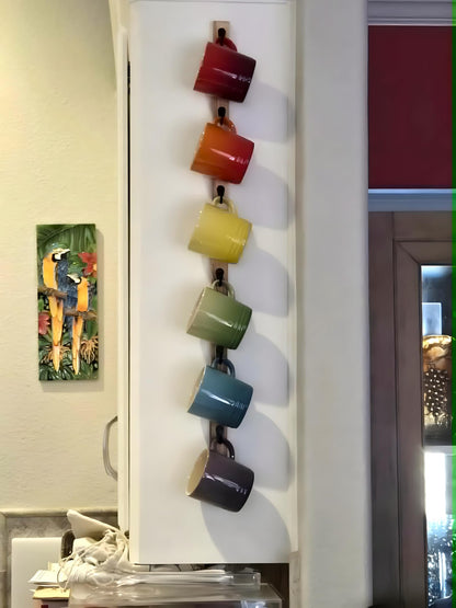 Yohsnor Wall-Mounted Coffee Mug Rack - 6-Hook Solid Wood Cup Holder for Kitchen Cabinet, Space-Saving Tea Bar Organizer with Rustic Decor (Vertical Rectangle Design)
