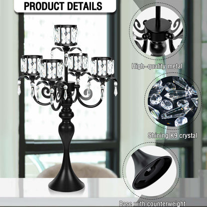 kolnlala 1PC Black 5-Arm Crystal Pendant Metal Candle Holder with Square Crystal Bowl, 22-Inch Tall Wedding Table Centerpiece for Holiday Party Events, Christmas, Birthday Decorations
