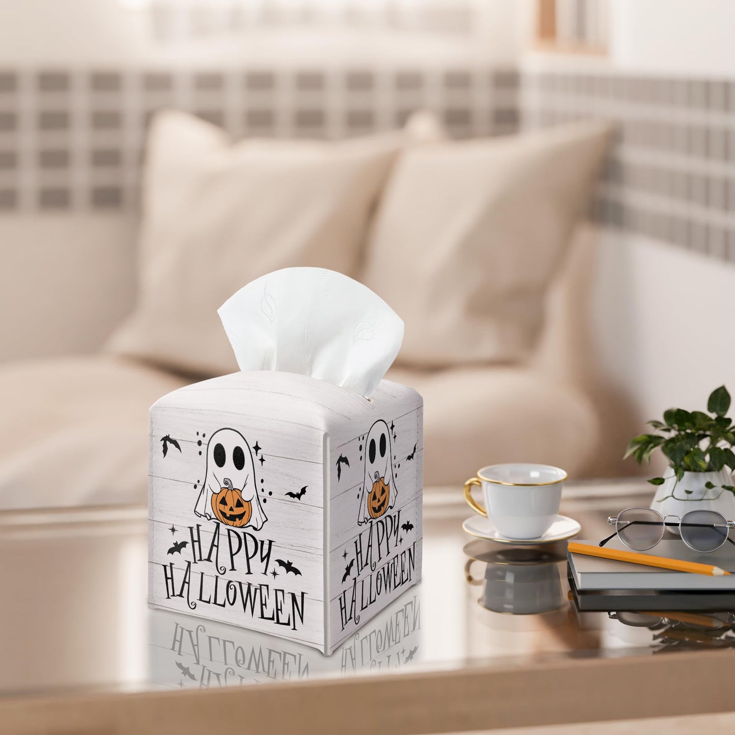 Happy Halloween Tissue Box Holder, Ghost Pumpkin Leather Tissue Box Cover Square, Cute Facial Paper Organizer Dispenser Toilet Paper Holder Decor for Bathroom Kitchen Office Home Accessory-A03
