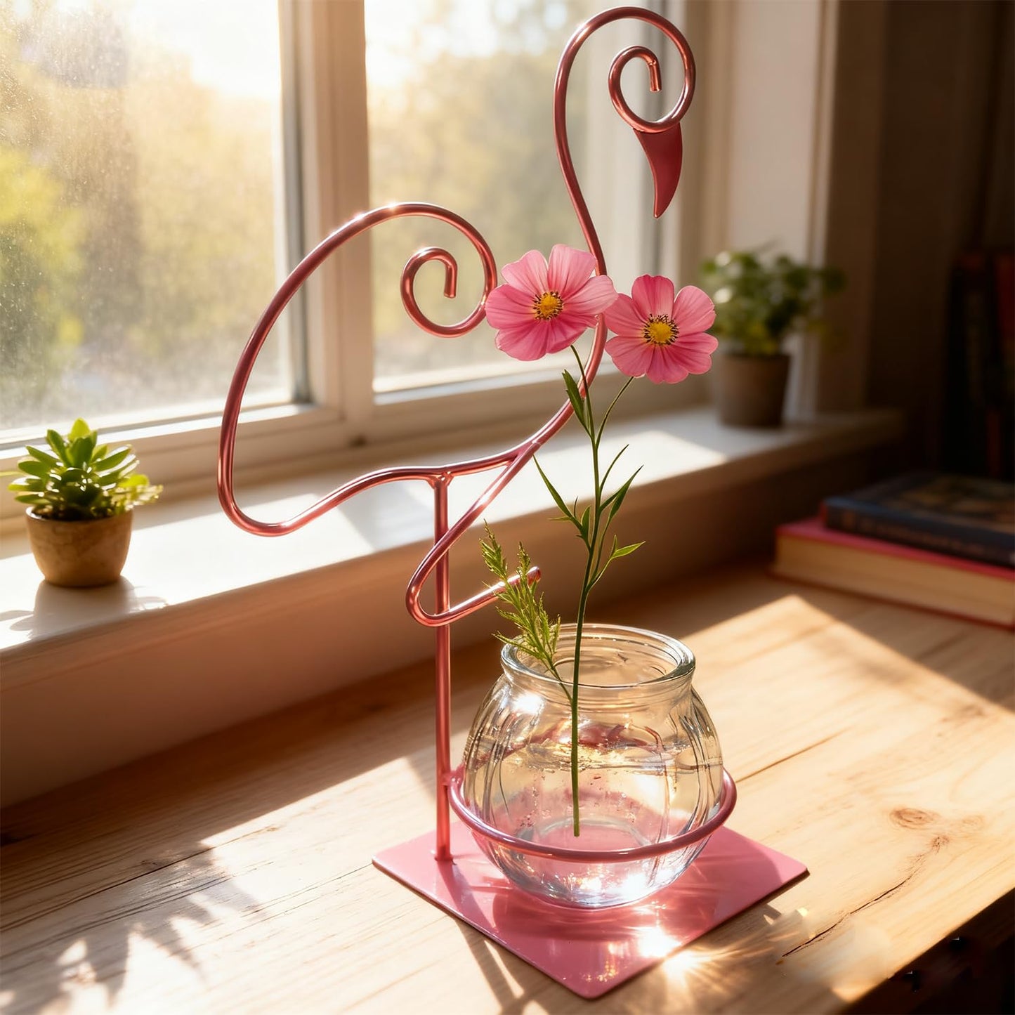 Desktop Glass Planter Vase Holder,Terrarium Stand for Plants Creative Decorations for Home Patio Lawn Garden (Standing Flamingo Pink)