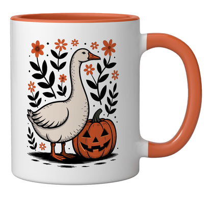 Cute Silly Goose Pumpkin Vintage Floral Boho Halloween Fall Ceramic Mug, Orange/White
