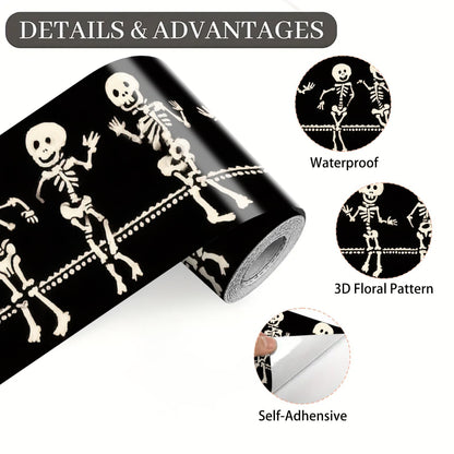 IOHEFY Skeleton Halloween Wallpaper Border 196x4 Inch Removable Wall Border Peel and Stick Dancing Bones Design for Bedroom Bathroom Living Room Kitchen Wall Trim Decor Spooky Gothic Holiday Style