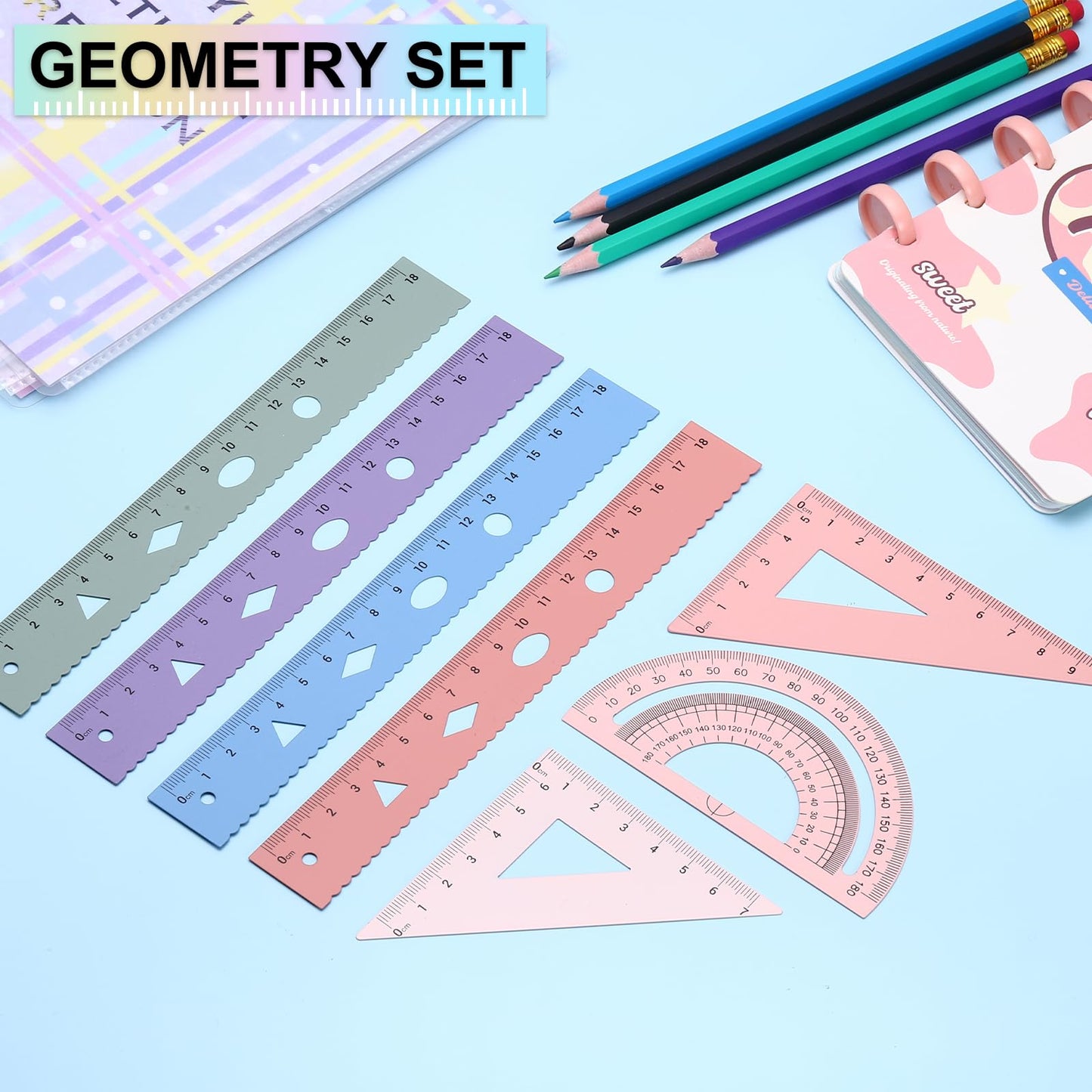 PATIKIL Geometry Set, 2 Pack 8 Inch Aluminum Ruler & 4 Triangles, Metal Protractor Ruler Math Drafting Measuring Tool for Home Office Math Drawing Engineering Art,Gradient Pink
