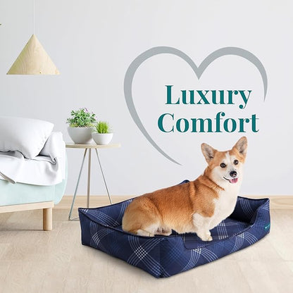 Orthopedic Bolster Dog Bed – CertiPUR-US Foam, Recycled Polyester Canvas, Washable Cover, Anti-Slip Bottom, Medium, Navy Plaid – Stylish Designer Dog Sofa