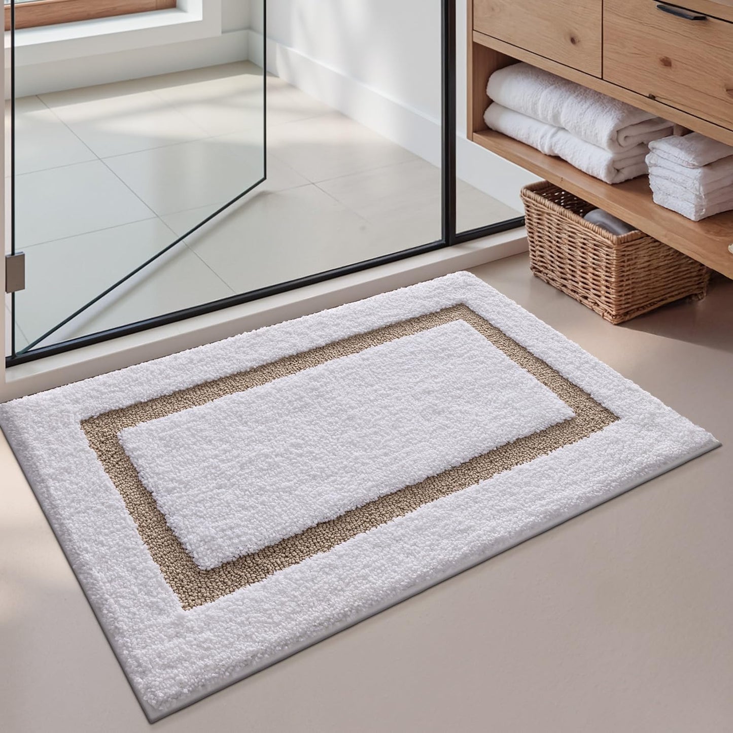 LUMI White Bathroom Rugs, Soft Absorbent Microfiber Bath Mat, Non Slip Washable Bath Rug, Quick Dry Plush Bath Mats for Bathroom for Shower, Bathtub, Floor, White and Beige, 24x36