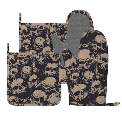 Grunge Horror Scary Skull Oven Mitts and Pot Holders Set of 4 Silicone Heat Resistant Oven Mitten Potholders Non Slip Gloves Kitchen Decor for BBQ Cooking Grilling Baking
