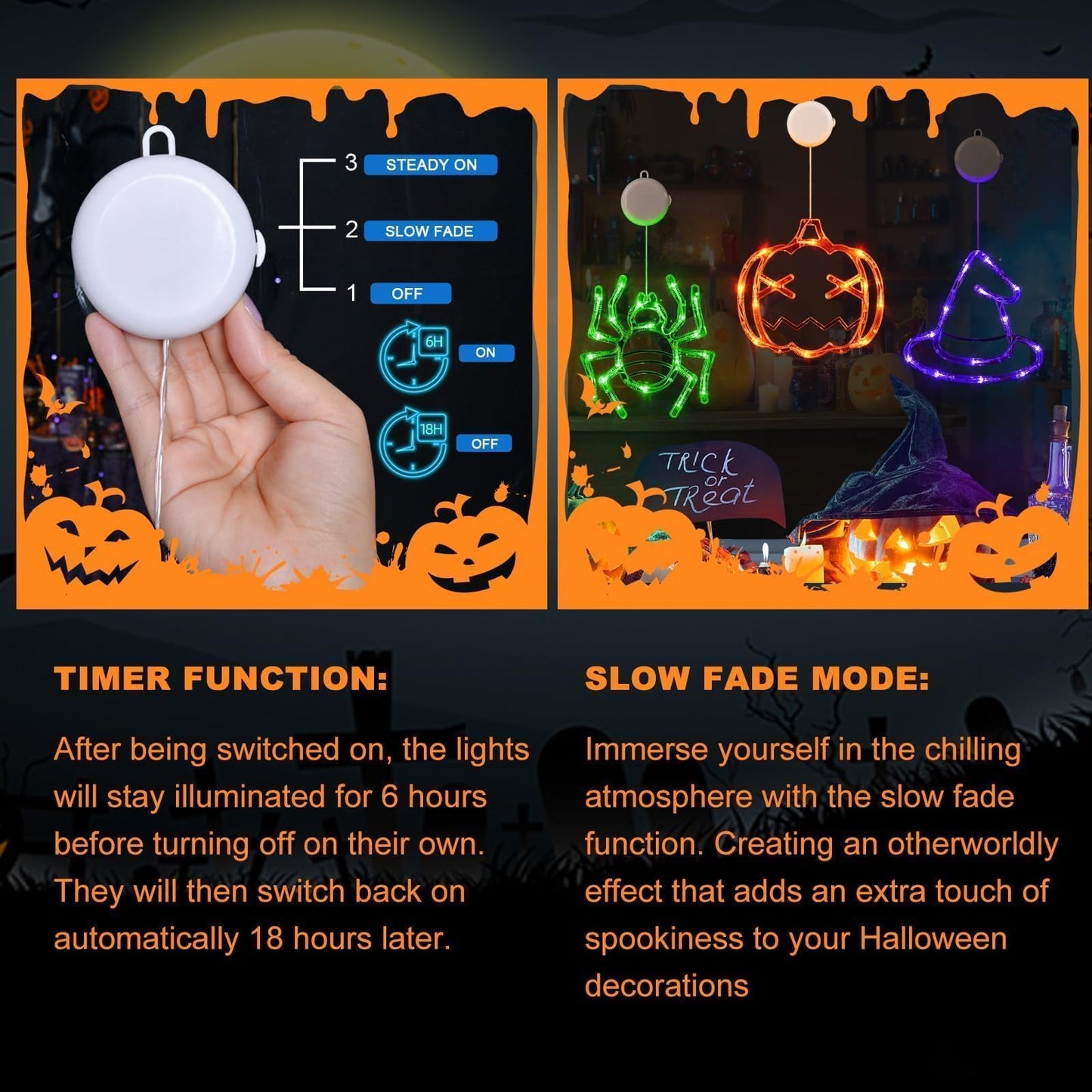 LOLStar Halloween Window Lights, 3 Pack Pumpkin, Spider, Witch Hat Lights