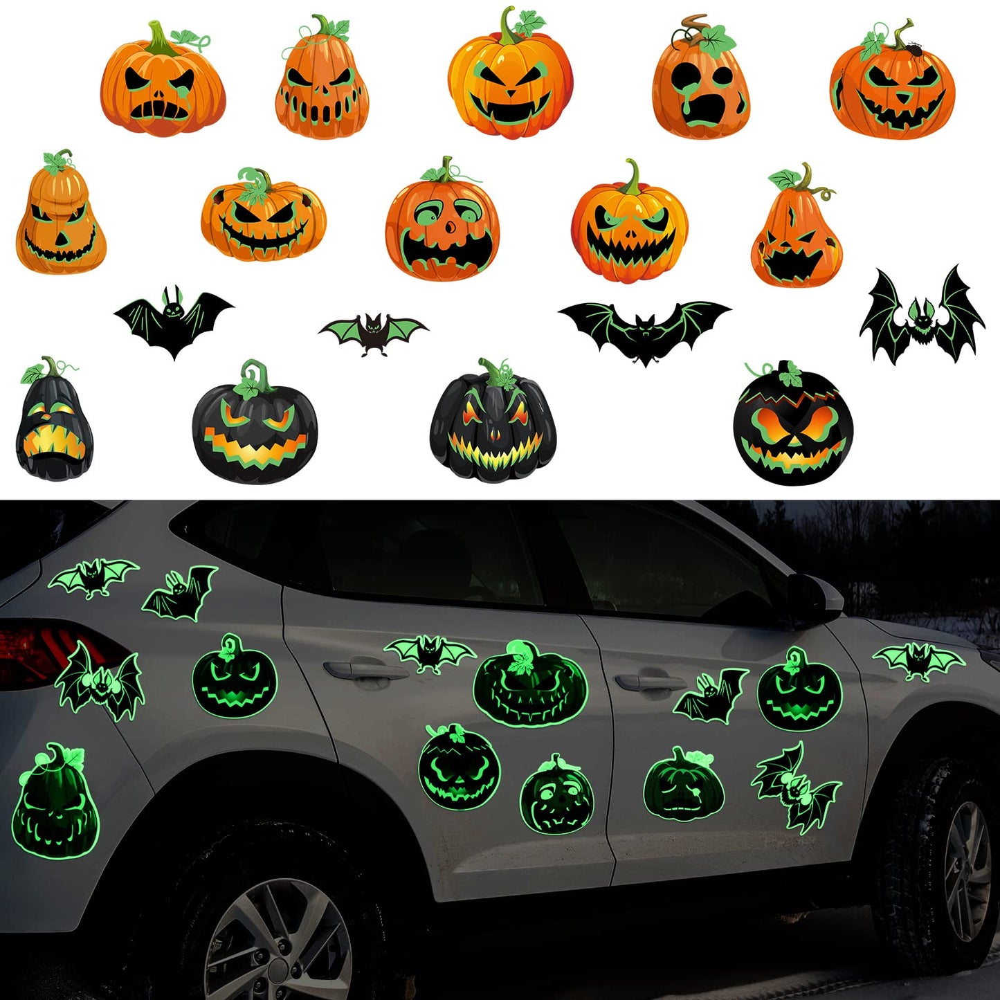 18 Pieces Halloween Magnets Decoration Glow Halloween Car Magnet Stickers Luminous Pumpkin Bat Automotive Magnetic Decorations for Halloween Party Refrigerator Door Mailbox Decor
