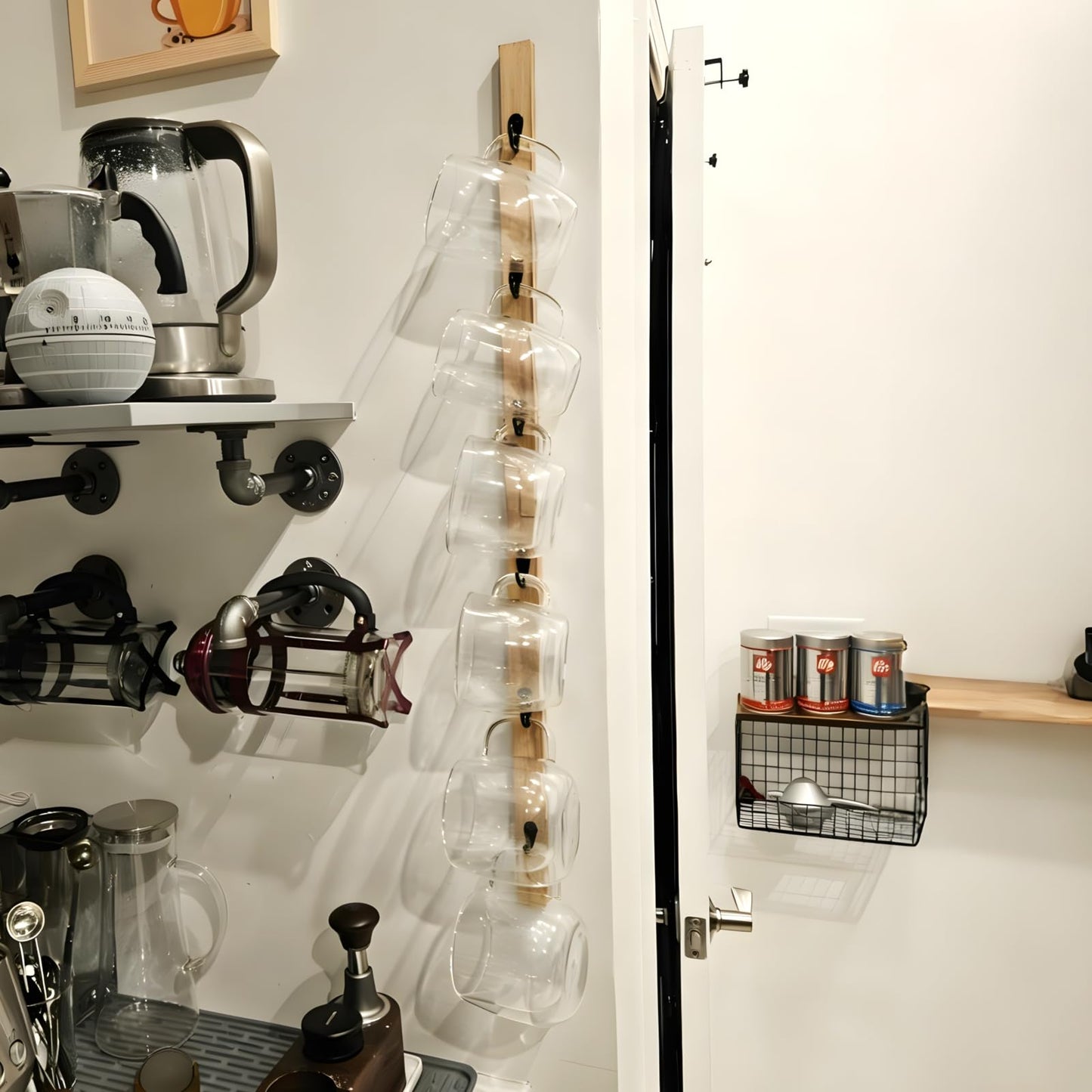 Yohsnor Wall-Mounted Coffee Mug Rack - 6-Hook Solid Wood Cup Holder for Kitchen Cabinet, Space-Saving Tea Bar Organizer with Rustic Decor (Vertical Rectangle Design)