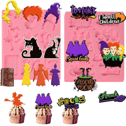 ICNYEKl Halloween Witch Sisters Silicone Mold 2 Pcs, 3D Halloween Hocus Pocus Fondant Mold, for Cupcake Toppers, Halloween Party Cake Decoration, Candy, Chocolate, Sugar Craft, Resin, Plaster, Clay