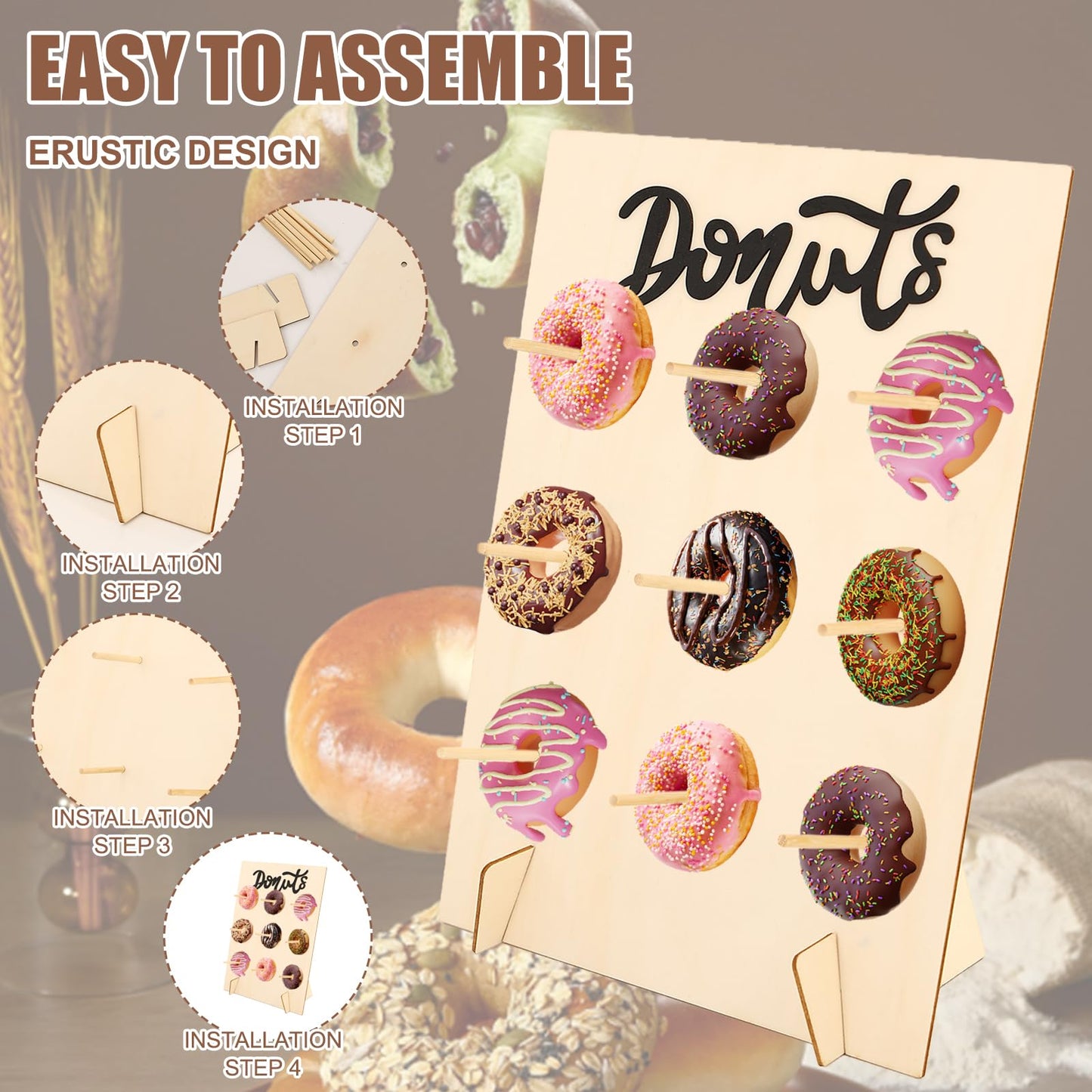 KURTOPLLY 4 PCS Donut Wall Display Stand, Donut Holder Stand Party, Reusable, Easy to Clean, Suitable for Growth Parties, Birthdays, Halloween, Christmas, Dessert Shops (Natural Color)