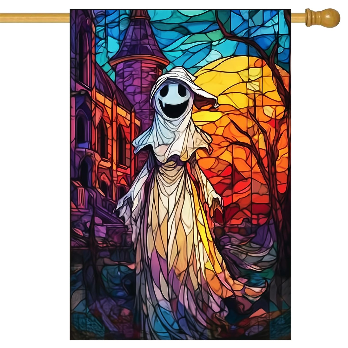 BlissYard Spooky Ghost Halloween House Flag 28 x 40 Inch Double Sided Stained Glass Church Sunset Fall Garden Flag Banner Background for Autumn Porch Yard Outdoor Decor Holiday House Flags