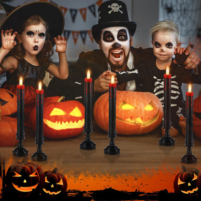 Sratte 6 Sets Halloween Blood Dripping Candle Decoration Led Flameless Candle with Candlestick Holder and Remote Battery Operate Vampire Tears Scary Creepy Decor for Indoor Home(Black Holder)
