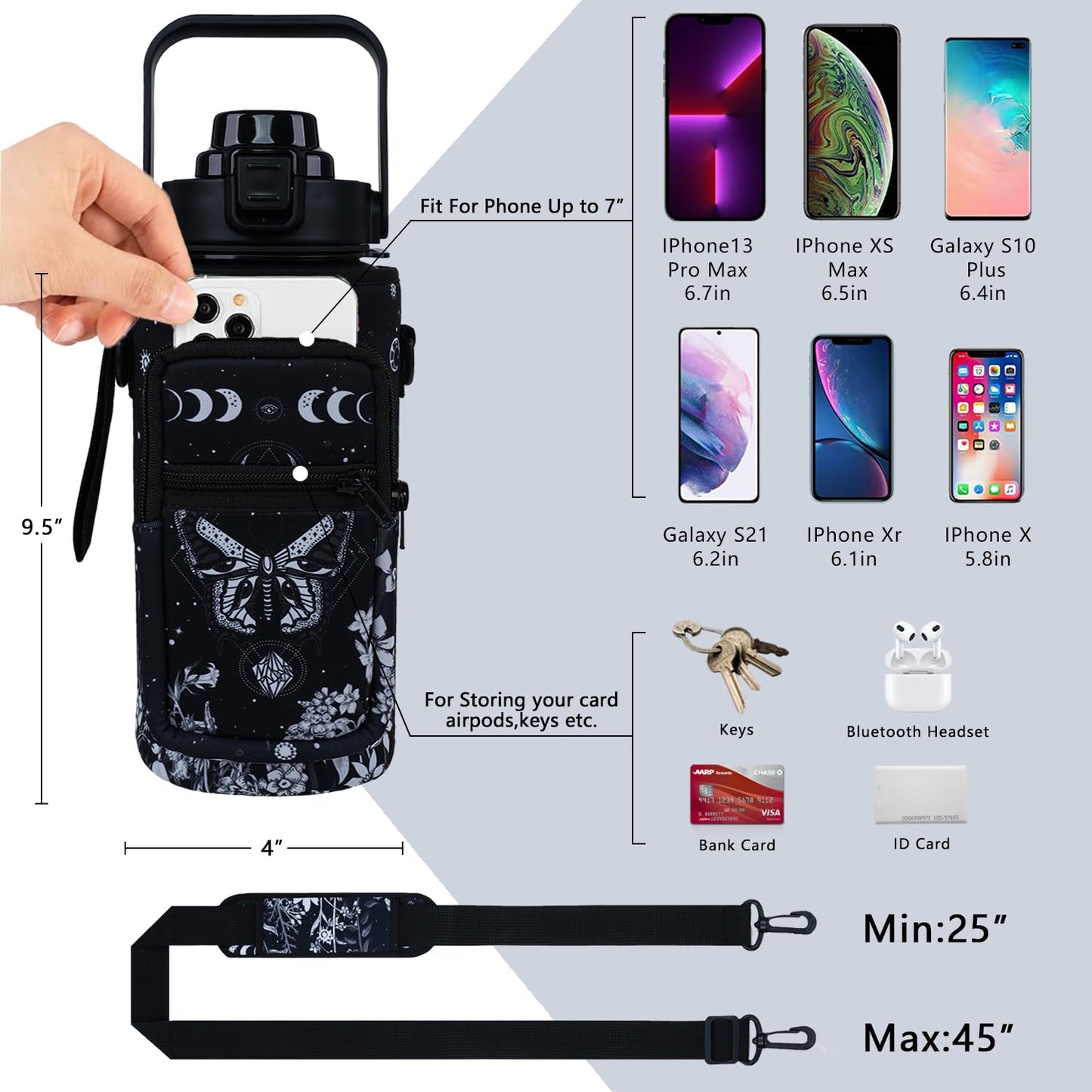 Baiheyi Goth Moon 64 oz Water Bottle with Sleeve - BPA-Free, Leakproof, Time Marker & Flip Top Lid - Motivational for Halloween Spooky Gifts for Women (Christmas, Birthday)