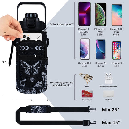 Baiheyi Goth Moon 64 oz Water Bottle with Sleeve - BPA-Free, Leakproof, Time Marker & Flip Top Lid - Motivational for Halloween Spooky Gifts for Women (Christmas, Birthday)