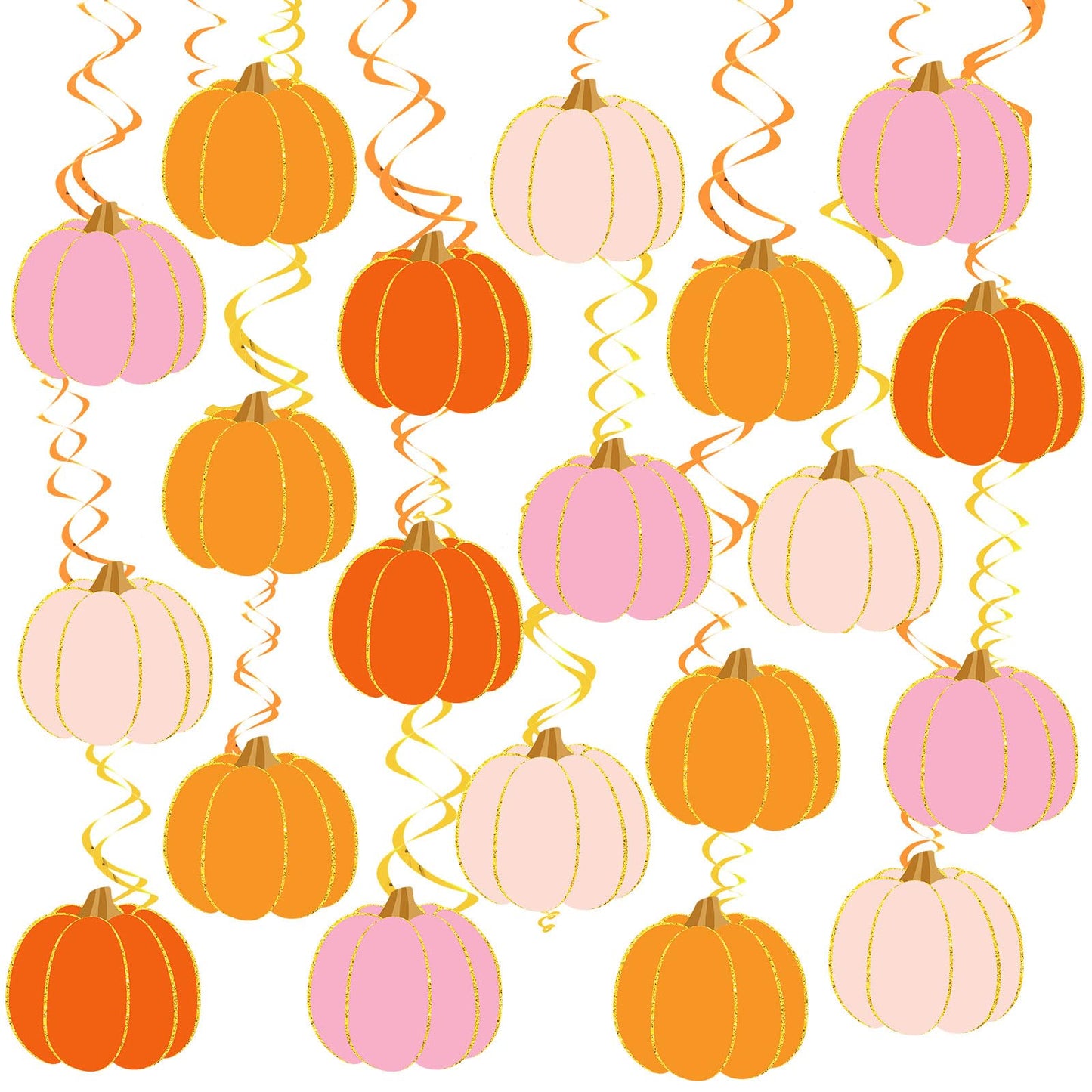 FYSUIMU 48 Pcs Fall Pumpkin Hanging Swirls Pink Orange Cute Pumpkin Ceiling Spiral Streamer Pre-Assembled Autumn Thanksgiving Hanging Ornaments for Autumn Harvest Home Party Wall Decoration Supplies