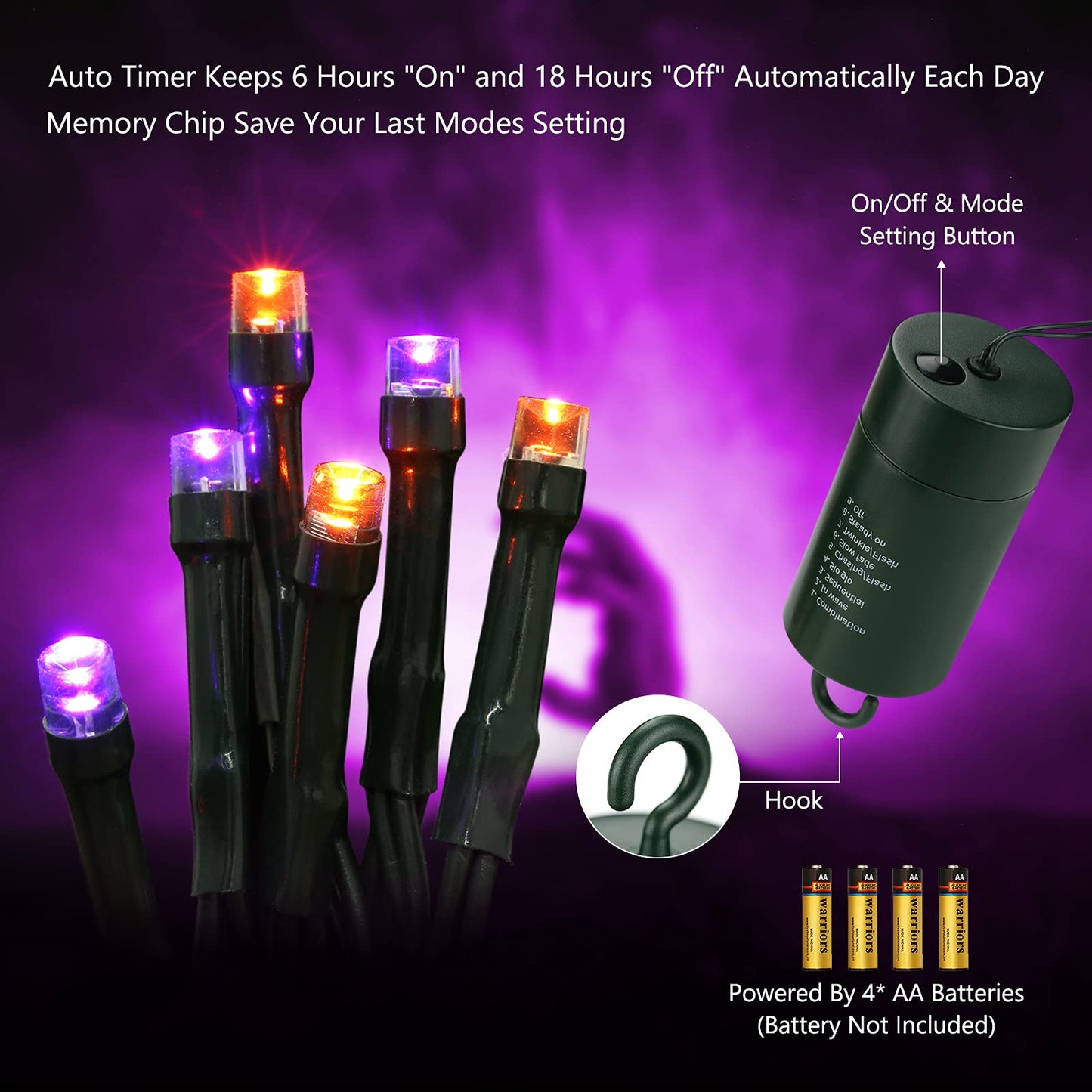Flacchi Orange Purple Halloween Lights, 67 ft 200 LED Battery Operated String Lights Waterproof 8 Modes & Auto Timer Mini Lights for Halloween Decorations, Home, Party, Holiday Decor Outdoor Indoor