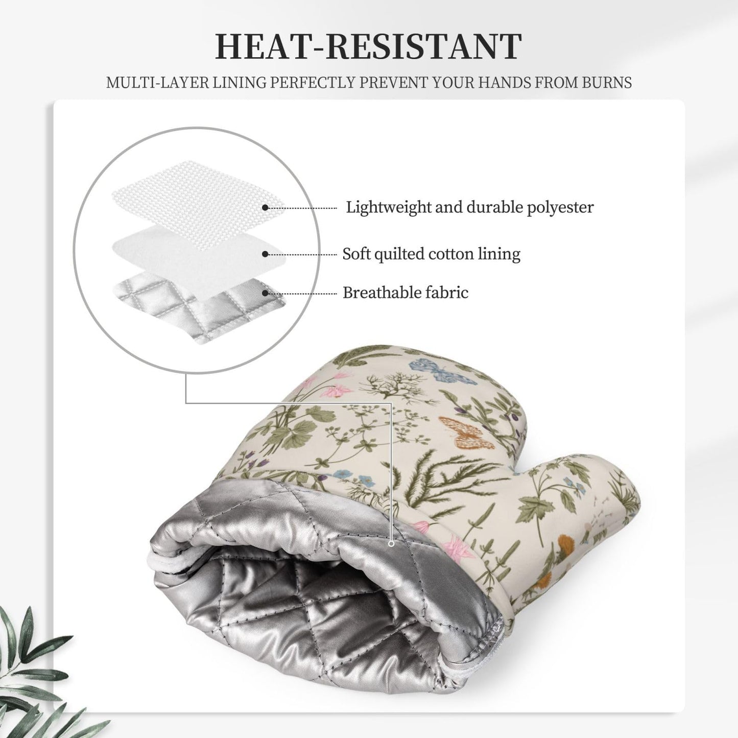 HEROARMOUR Vintage Wildflower Herbs Floral Rustic Butterfly Oven Mitts Pot Holders Cooking Apron Set of 5 Silicone Kitchen Glove Apron Non-Slip Heat Resistant for Chef Baking Cooking Grilling BBQ