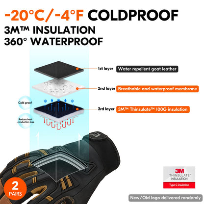 Vgo... 2-Pairs -4℉ or above Winter Waterproof High Dexterity Heavy Duty Mechanic Glove, Rigger Glove, Anti-vibration, Anti-abrasion, Touchscreen (Size L, Brown, GA8954FW)
