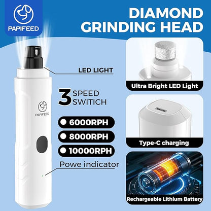 PAPIFFEED Dog Nail Clippers & Grinder with Manual Nail Clipper – Quiet 3-Speed Electric Dog Nail Trimmers with Dual LED, Rechargeable Pet Nail File for Dogs & Cats (White)