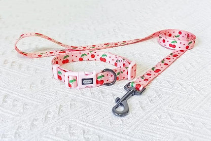 Dog Collar Leash Set, Fruit Pattern, Polyester Material, Adjustable Collar and 5ft Matching Leash, for Large Dogs.(L, Pink Cherry)