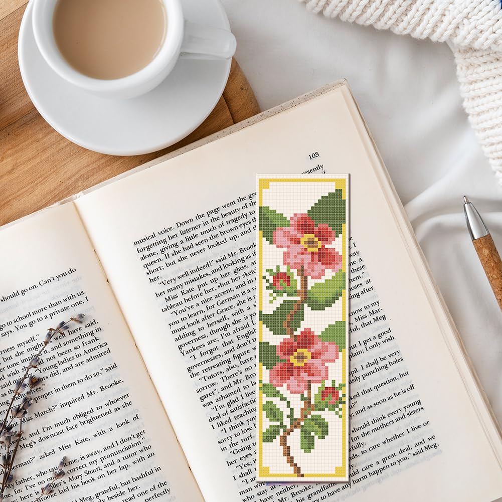 FREEBLOSS 6 Set Bookmark Cross Stitch Kits Stitch Bookmark Cross Stitch Kits with Instructions 6 Flowers Pattern Embroidery Kit for Beginners Bookmark Making Kit for Gift