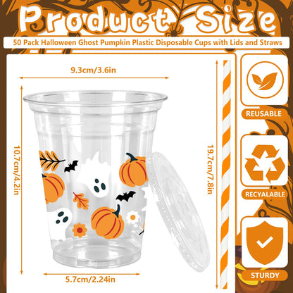Whaline 50Pcs 12Oz Halloween Plastic Cups with Lids & Straws Pumpkin Ghost Disposable Clear Drinking Cups with Black Ribbon for Birthday Party Supplies
