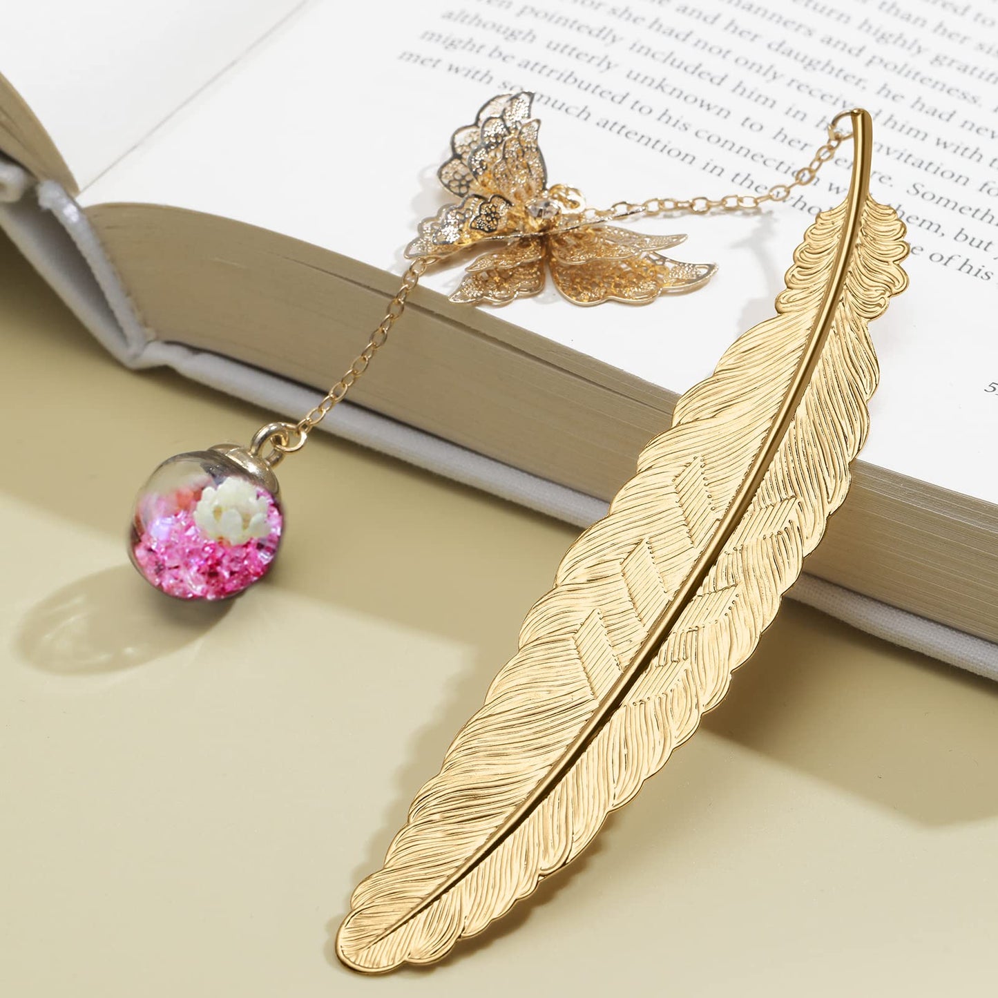 Vintage-Style Metal Feather Bookmark with Butterfly Charm Mothers Day Gifts