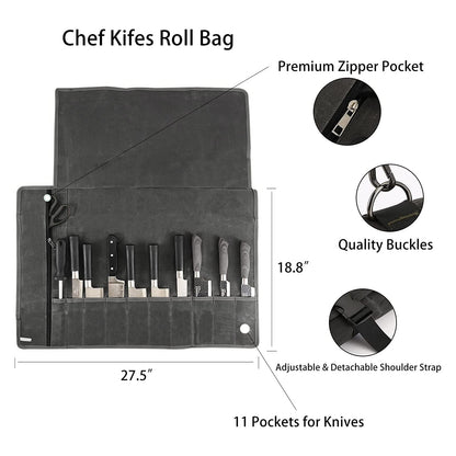 HERSENT Chef’s Knife Roll Bag,Waxed Canvas Knife Cultery Carrier,Portable Chef Knife Cases,Knife Pouch Holders With 10 Slots Plus 1 Zipper Pockets Can Hold Home Kitchen Knife Tools Up To 18.8”