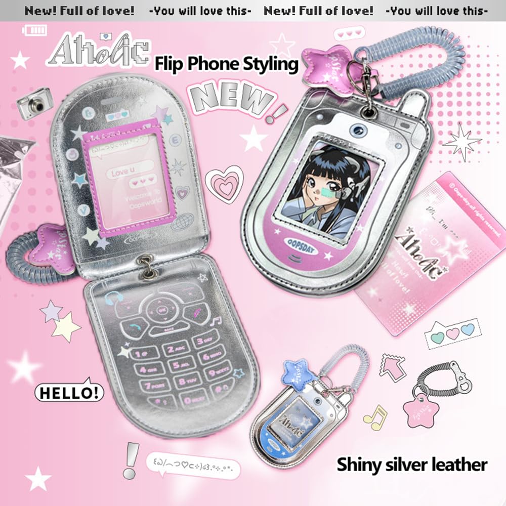 2Pcs Star Cute Kpop Photocard Holder Keychain Mobile Phone Shape Pu Leather Photo Card Holder Keychain Pink Blue Kawaii Flip Phone Shape Pc Holder Kpop Korean Star Pendant School Stationery Gifts