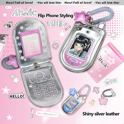2Pcs Star Cute Kpop Photocard Holder Keychain Mobile Phone Shape Pu Leather Photo Card Holder Keychain Pink Blue Kawaii Flip Phone Shape Pc Holder Kpop Korean Star Pendant School Stationery Gifts